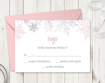 Winter Wedding RSVP Template Snowflakes, Dusty Pink & Silver. DIY Printable Christmas Party Response Card Insert. Templett, Instant Download