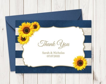 Wedding Thank You Card Template "Sunflower Stripes", Navy Blue. DIY Printable Rustic Thank You Note. Editable Templett, Instant Download.