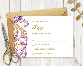 Indian Wedding RSVP "Paisley", Purple & Gold. DIY Printable Traditional Mhendi Ornaments Response Card. Template. Templett, Instant Download