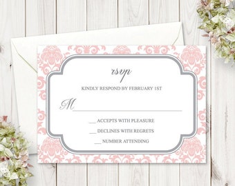 Printable Hochzeit Antwort ""Floral Damask", Rosenquarz Pink." Antwortkartenvorlage, bearbeitbare Einlagekarteneinlage. Templett, Sofort Download