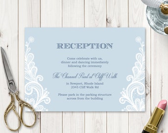 Elegant Wedding Reception Template "Vintage Lace", Aqua Blue. DIY Printable Invitation Insert, Enclosure Card. Templett, Instant Download.