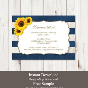Modèle d'hébergement de mariage rustique "Sunflower Stripes", bleu marine. Insertion de carte d'information imprimable bricolage. Templett modifiable, téléchargement immédiat.
