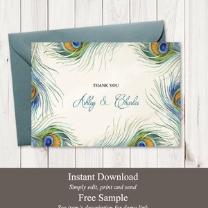 Tarjeta de agradecimiento de boda boho "Pluma de pavo real". Plantilla imprimible de estilo vintage. Nota TY estilo boho de bricolaje. Templett, descarga instantánea.