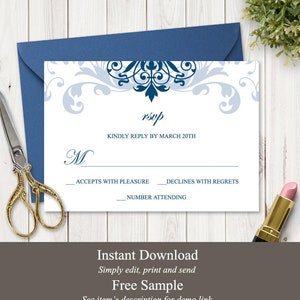 Modèle RSVP de mariage classique "Ferronnerie élégante", ornements bleu marine. Carte de clôture de réponse imprimable bricolage. Templett, téléchargement immédiat.