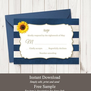 Modèle RSVP de mariage « Rayures tournesol », bleu marine. Insertion de carte de réponse imprimable DIY, texte 100 % modifiable. Templett, téléchargement instantané.