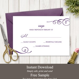 Modelo para impressão de casamento RSVP Twirls, roxo. Cartão de inserção de resposta e gabinete DIY, totalmente editável. Templett, download instantâneo.