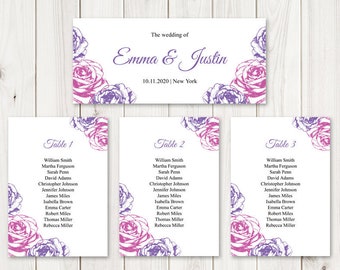 Wedding Seating Chart Template "Summer Roses", Purple Violet. DIY Printable Table Plan, Hanging Cards List Sign. Templett, Instant Download.