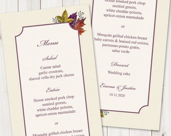 Fall Wedding Menu Template "Autumn Leaves", Purple. DIY Printable Watercolor Foliage Dinner Menu. Edtable Templett, Instant Download.