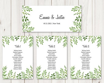 Watercolor Wedding Seating Chart Template Lovely Leaves, Green. DIY Printable Table Plan, Hanging Cards List Sign. MS Word, Instant Download