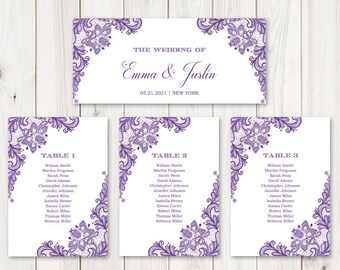 Wedding Seating Chart Template "Vintage Lace", Purple. DIY Printable Table Plan, Hanging Cards & Signs. Editable Templett, Instant Download.