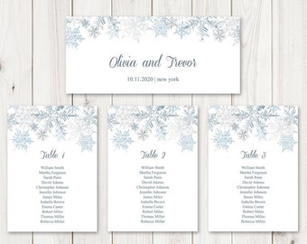 Winter Wedding Seating Chart Template Snowflakes, Silver & Blue. DIY Printable Christmas Party Table Plan. Templett, Instant Download.