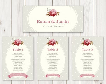 Wedding Table Plan Template "French Peony", Neutral Beige Dots. DIY Printable Seating Chart, Hanging Cards Sign. Templett, Instant Download.