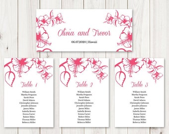 Wedding Seating Chart Template "Hawaii", Tropical Pink Hibiscus Flower. DIY Printable Table Plan, Hanging Cards. Templett, Instant Download.
