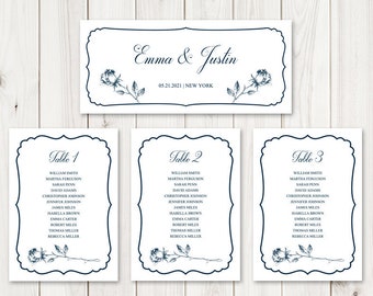 Wedding Seating Chart Template Vintage Roses, Indigo Blue. DIY Printable Table Plan, Hanging Cards List & Sign. Templett, Instant Download.