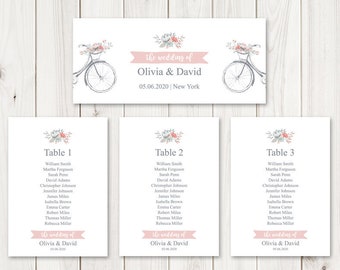 Romantic Wedding Seating Chart Template "Flower Bicycle", Blush Pink. DIY Printable Table Plan, Hanging Cards. Templett, Instant Download.