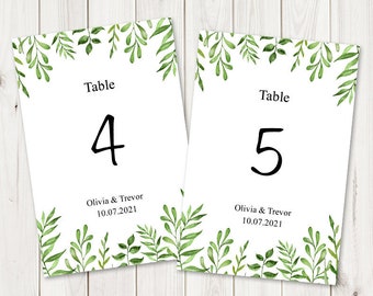 Watercolor Wedding Table Numbers Template Lovely Leaves, Green. DIY Printable Nature Themed Card, Flat. Editable Templett, Instant Download.