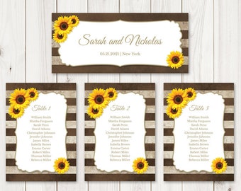 Summer Wedding Seating Chart Template "Sunflower Stripes", Brown. DIY Printable Rustic Table Plan, Hanging Cards. Templett, Instant Download