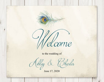 Custom Wedding Sign Template "Peacock Feather", Teal. DIY Printable Vintage Bohemian Style Sign. Editable Templett, Instant Download.