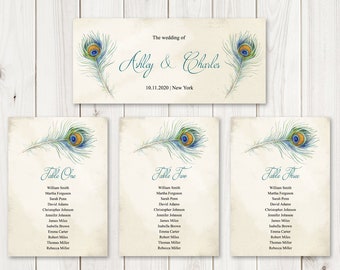 Bohemian Wedding Seating Chart Template "Peacock Feather". DIY Printable Boho Style Table Plan, Hanging Cards. Templett, Instant Download.