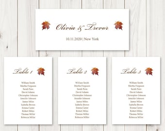 Watercolor Wedding Seating Chart Template "Fall in Love", Brown. Printable Maple Leaf Table Plan, Hanging Cards. Templett, Instant Download.