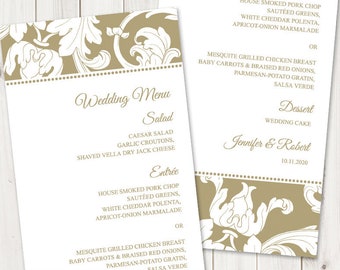 Bruiloft menusjabloon "Elegance", antiek oud goud. DIY afdrukbare theelengte menukaarten. Volledig bewerkbare formulering. Direct downloaden, Templett.