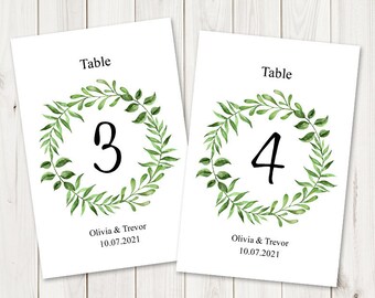 Watercolor Wreath Wedding Table Numbers Template "Lovely Leaves", Green. DIY Printable Cards, Flat. Editable Templett, Instant Download.