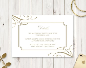Wedding Details Card Template "Classy Luxe", Old Gold. Elegant DIY Printable Information Card, Fully Editable. Templett, Instant Download.