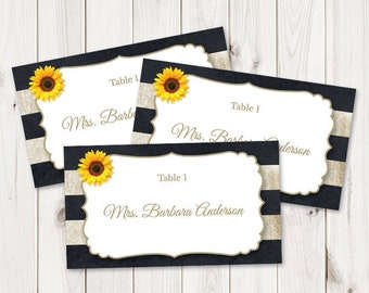 Sommer Hochzeit Tischkarten Vorlage "Sunflower Stripes", anthrazit. DIY druckbare rustikale Tisch-Escort-Namenskarten. Templett, Sofort Download.