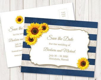 Sommer Hochzeit Save the Date Postkarte Vorlage Sonnenblume Streifen, Marineblau. DIY druckbare rustikale Karte. Bearbeitbares Templett, Sofortiger Download.