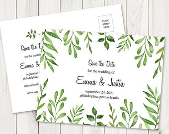 Nature Wedding Save the Date Postcard "Lovely Leaves", Green. DIY Printable Watercolor Greenery Card Template. Templett, Instant Download.