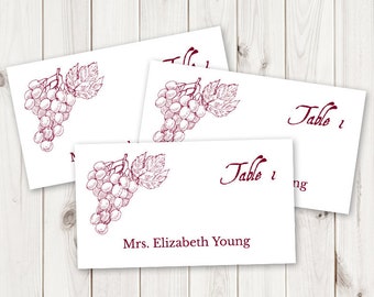 Vineyard Wedding Place Card Template, Flat or Folded. Wine Country DIY Printable Placecard, Burgundy Red Grapes. Templett, Instant Download.