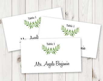 Watercolor Wedding Place Card Template Lovely Leaves, Green. DIY Printable Nature Themed Table Name Escort Cards. Templett, Instant Download