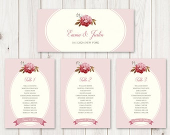 Wedding Seating Chart Template "French Peony", Dusty Pink. DIY Printable Table Plan, Hanging Cards List Sign. Templett, Instant Download.