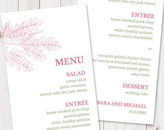 Nature Wedding Menu Template "Leafy Branch", Hot Pink & Olive Green. DIY Printable Menu, Fully Edtable Wording. Instant Download, Templett.