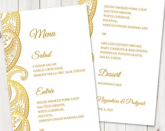 Indiase bruiloft menusjabloon "Paisley", goud. DIY-afdrukbaar dinermenu met traditionele ornamenten. Bewerkbare Templett, direct downloaden.