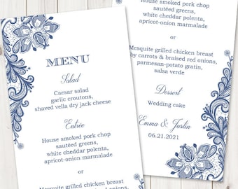 Elegant Wedding Menu Template Vintage Lace, Navy Blue. DIY Printable Tea Lenght Dinner Menu Cards, Rustic Style. Templett, Instant download.