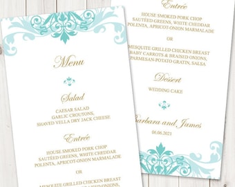 Classic Wedding Menu Template "Elegant Ironwork", Turquoise & Gold. DIY Printable Dinner Menu Card. Editable Templett, Instant Download.