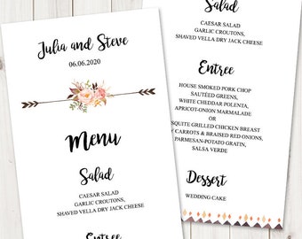 Rustiek trouwmenu "Boho Love". DIY aquarel bloemen diner menu afdrukbare sjabloon, Boho-stijl. Bewerkbare Templett, direct downloaden.