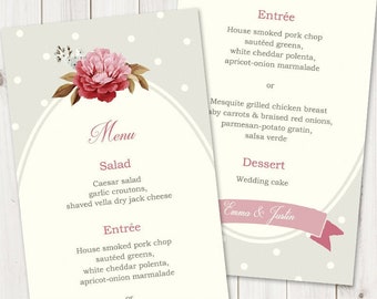 Rustic Menu Template French Peony, Beige Dots. Printable Tea Lenght Wedding Menu Card. DIY Romantic Dinner Menu. Templett, Instant download.