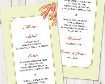 Destination Wedding Menu Template "Coral Islands", Red & Green. DIY Beach Party Printable Menu, Fully Editable. Templett, Instant Download.