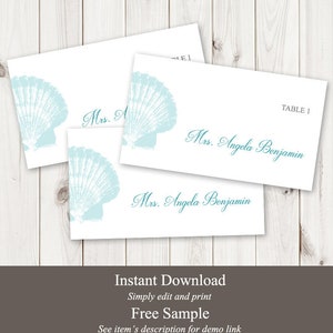 Beach Wedding Place Card Template &quot;Seaside Romance&quot;, Teal Seashell. Printable Escort Card. Editable Name Cards, Templett. Instant Download.