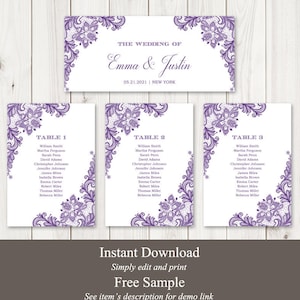 Wedding Seating Chart Template "Vintage Lace", Purple. DIY Printable Table Plan, Hanging Cards & Signs. Editable Templett, Instant Download.