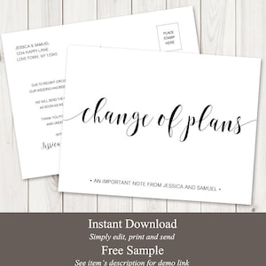 Plantilla de postal de anuncio de boda pospuesta de cambio de planes. Tarjeta moderna de distanciamiento social imprimible con bricolaje. Templett, descarga instantánea.