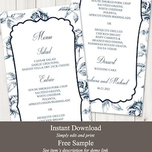 Modèle de menu de mariage élégant roses vintage, bleu indigo. Carte de menu de dîner imprimable classique bricolage, entièrement modifiable. Templett, téléchargement immédiat