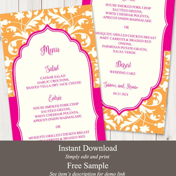 Indian Wedding Menu Template "Vibrant Celebration", Orange Pink. DIY Printable Traditional Dinner Menu Card. Templett, Instant Download.