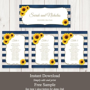 Modèle de plan de table de mariage "Sunflower Stripes", bleu marine. Plan de table rustique d'été imprimable, cartes suspendues. Templett, téléchargement immédiat