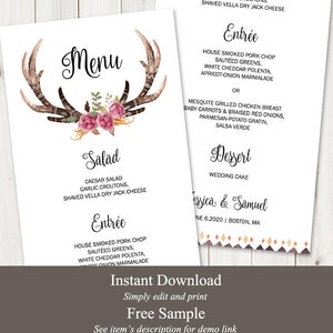 Geweih Hochzeitsmenü "Die Jagd ist vorbei" mit Aquarell Blumen. DIY druckbare Dinner Menü Vorlage. Edtable Templett, Sofort Download.