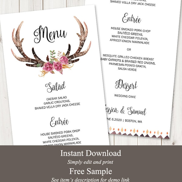 Antlers Wedding Menu "The Hunt is Over" with Watercolor Flowers. DIY Printable Dinner Menu Template. Edtable Templett, Instant Download.