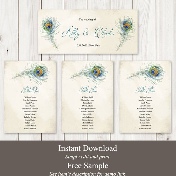 Bohemian Wedding Seating Chart Template "Peacock Feather". DIY Printable Boho Style Table Plan, Hanging Cards. Templett, Instant Download.