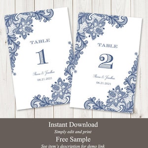 Modèle de numéros de table de mariage élégant « dentelle vintage », bleu marine. Cartes de table imprimables, style rustique. Templett modifiable, téléchargement instantané.